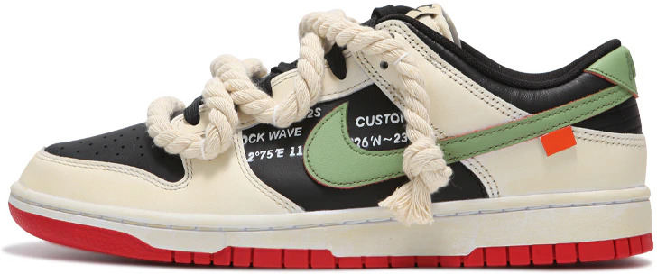 custom-shoes-nike-dunk-low-black-white-green-desert-oxidized-deconstructed-strap-vintage