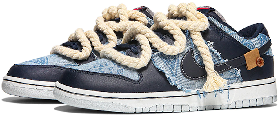 Nike Dunk Low PRM 定制球鞋 牛仔腰果花做旧丹寧麻繩綁帶低幫板鞋 男款 黑藍 Lookbook Nike Dunk Low PRM 定制球鞋 牛仔腰果花做旧丹寧麻繩綁帶低幫板鞋 男款 黑藍