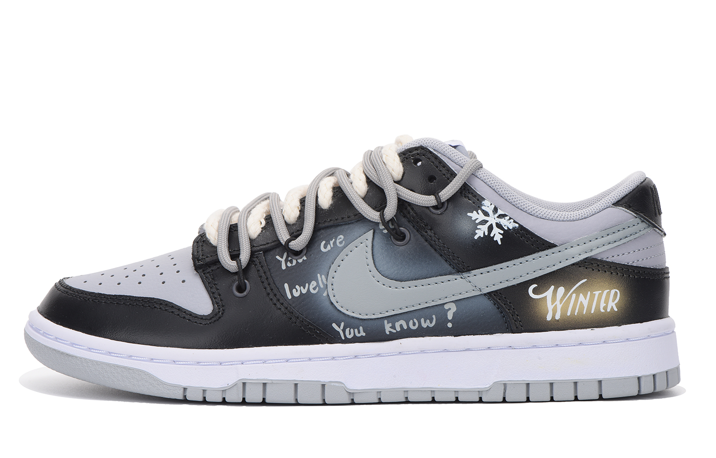 Order [Kasut Custom] Nike Dunk Low Retro 'Hitam Kelabu Kepingan Salji' DJ6188-003(Team拾伍-男款渐变雪花S-BOX)
