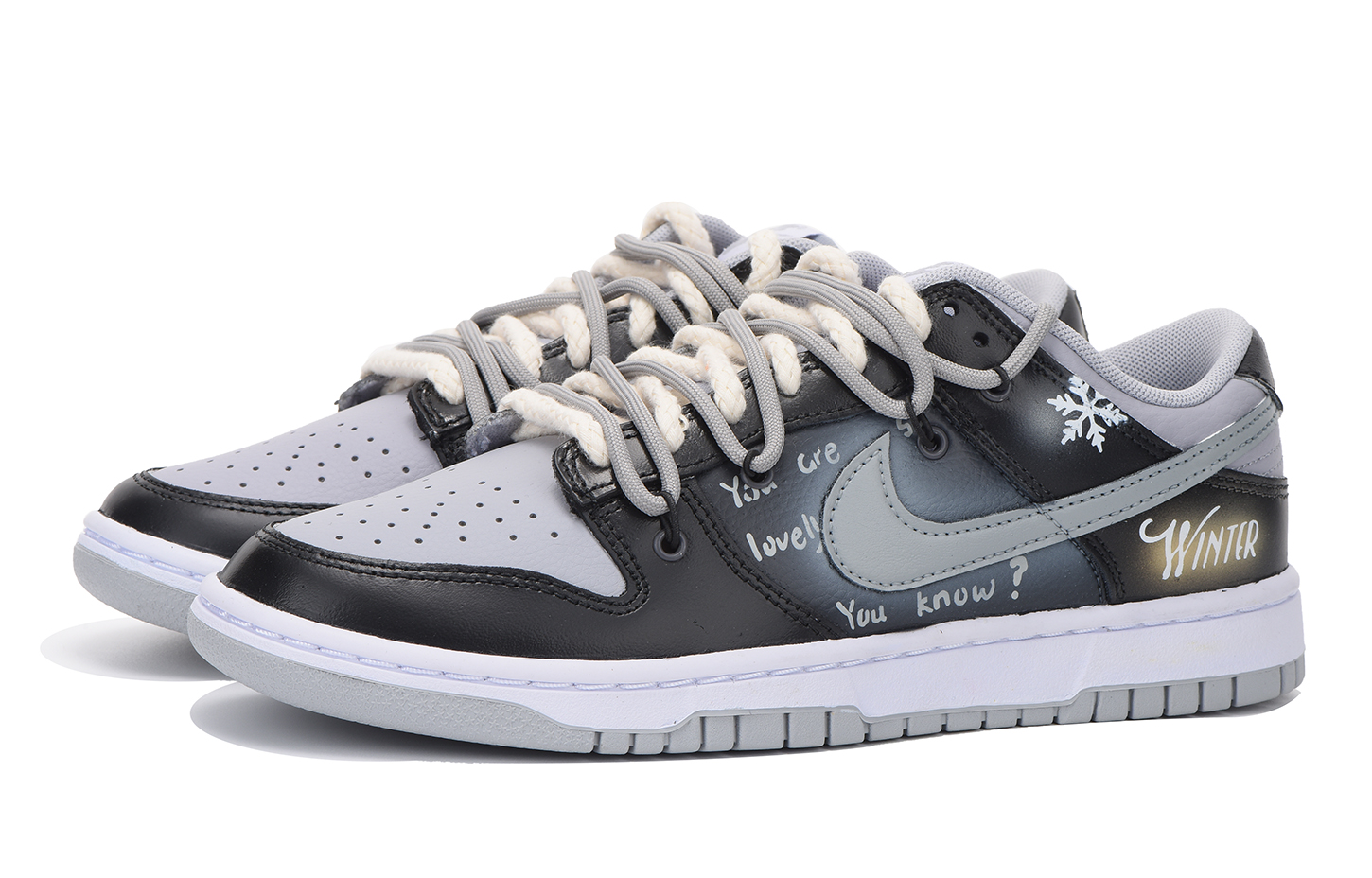 Shop [Kasut Custom] Nike Dunk Low Retro 'Hitam Kelabu Kepingan Salji' DJ6188-003(Team拾伍-男款渐变雪花S-BOX)