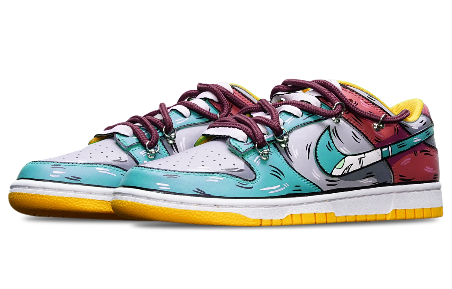 Lookbook [Kasut Custom] Nike Dunk Low Retro 'Biru-Kelabu-Merah Shark Hook' DD1391-702(TeamT-鲨鱼蓝灰红S-BOX)