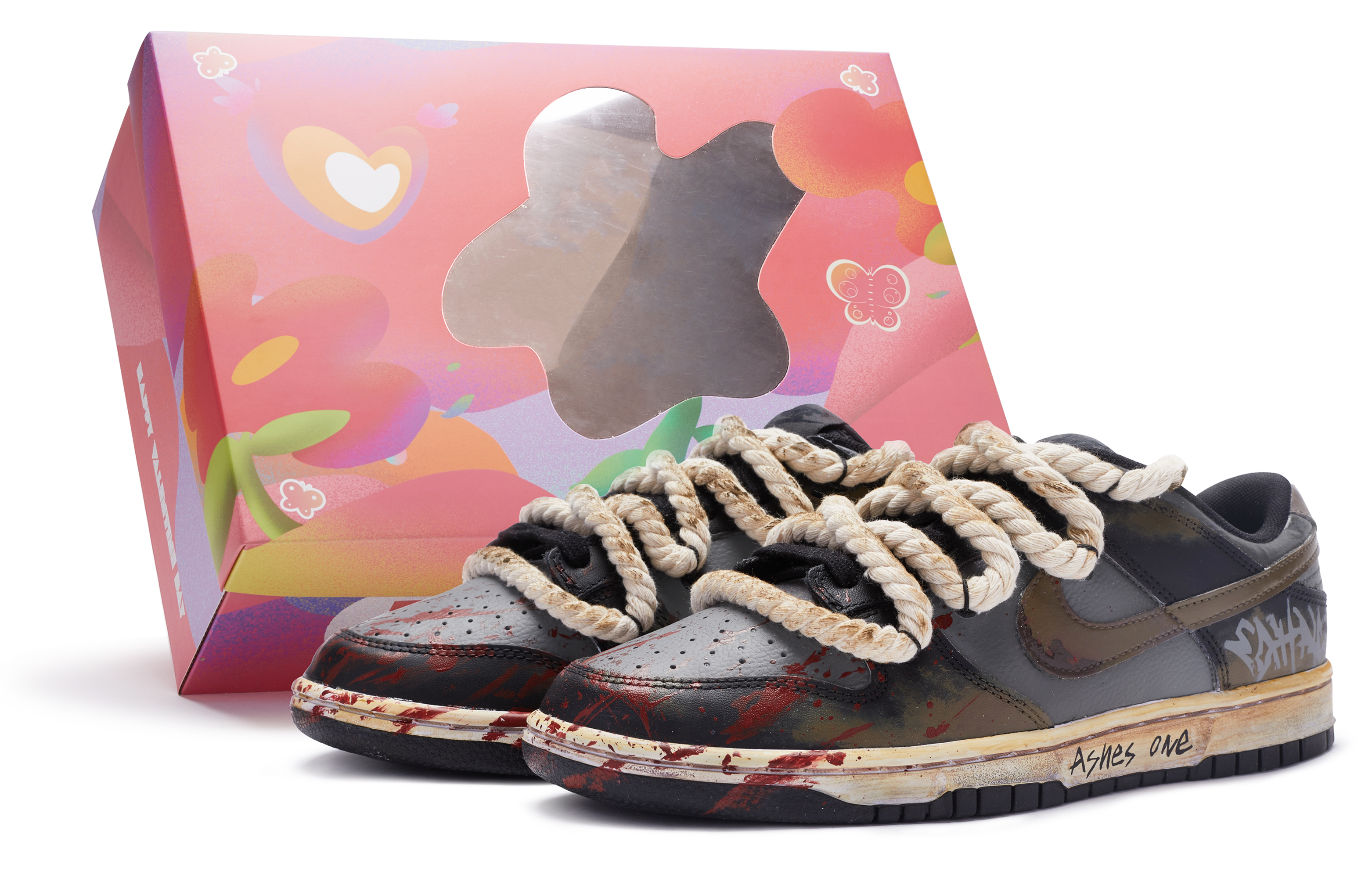 Buy 【定制球鞋】Nike Dunk Low Retro 愛情餘燼 麻繩鞋帶 手繪噴繪 做舊風 特殊鞋盒 低幫 板鞋 男款 黑灰棕