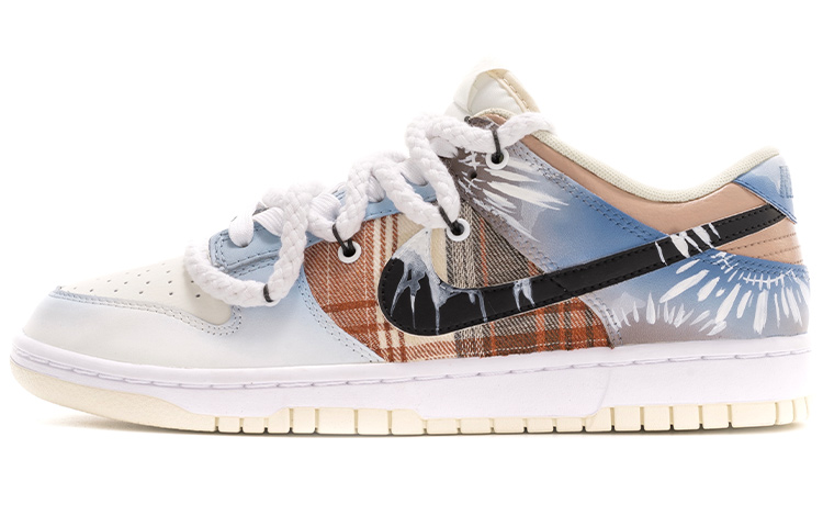 Buy 【定制球鞋】Nike Dunk Low Retro "椰奶" 解構鞋帶 五一出遊主題 嬉皮士 網格布貼皮 手繪噴繪 印第安水印扎染 特殊鞋盒 低幫 板鞋 男款 藍白
