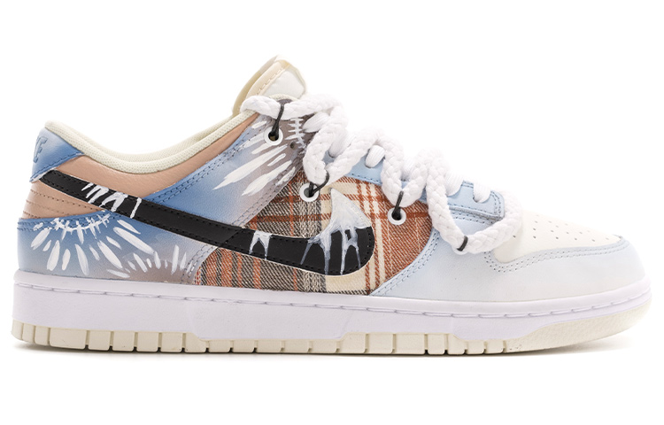 Order 【定制球鞋】Nike Dunk Low Retro "椰奶" 解構鞋帶 五一出遊主題 嬉皮士 網格布貼皮 手繪噴繪 印第安水印扎染 特殊鞋盒 低幫 板鞋 男款 藍白