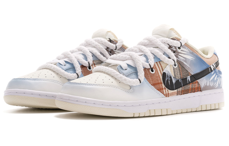 Lookbook 【定制球鞋】Nike Dunk Low Retro "椰奶" 解構鞋帶 五一出遊主題 嬉皮士 網格布貼皮 手繪噴繪 印第安水印扎染 特殊鞋盒 低幫 板鞋 男款 藍白