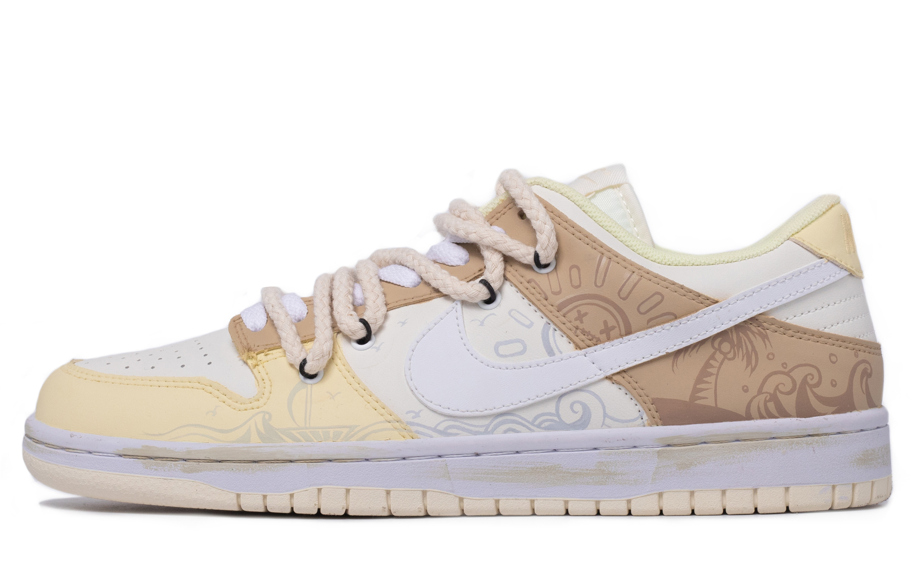 Buy 나이키 덩크 로우 레트로 '다빈치 커스텀' (흰/노/갈) DJ6188-100(TeamM-男款沙滩涂鸦)