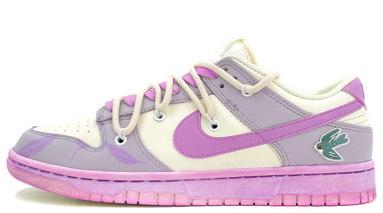 custom-shoes-nike-dunk-low-retro-deconstructed-lace-purple-feather-and-swallow-embroidery