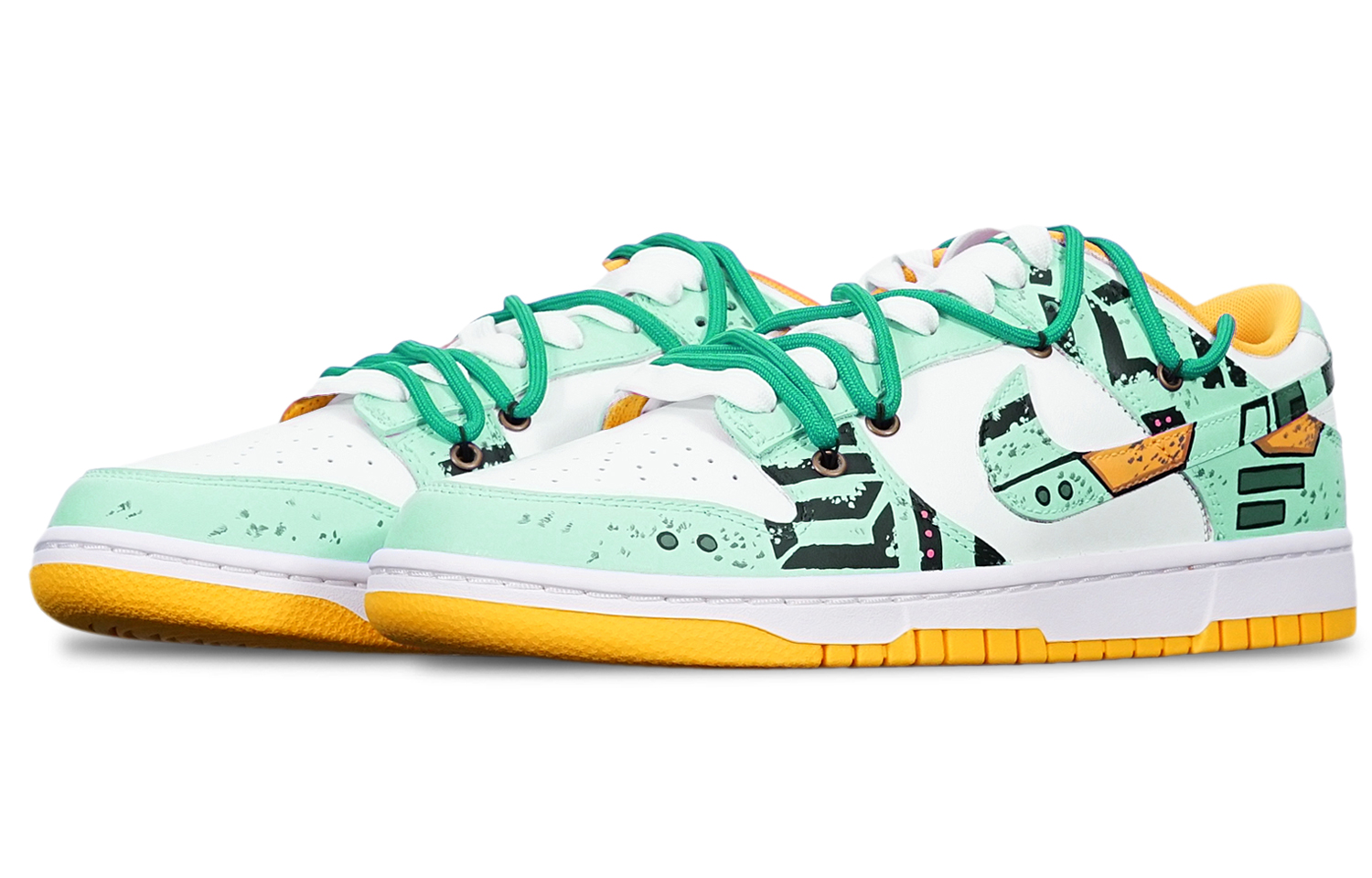 Lookbook [Kasut Rekaan Khas] Nike Dunk Low Retro 'Gundam Cyberpunk Dijerai Hijau Putih' DD1391-702(TeamT-战损II绿白S-BOX)