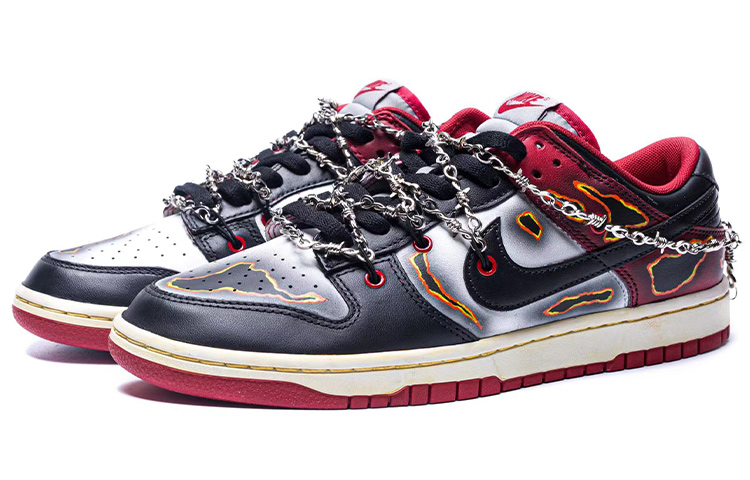 Lookbook [定制鞋] 耐克Dunk低帮复古 '中灰/校红' DD1391-002(Team1-男款燃烧做旧黑脚趾)