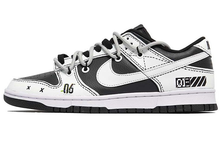 Buy 【訂製球鞋】 Nike Dunk Low Retro 次球鞋訂製 像素馬賽克 黑白格 線條 解構鞋帶 低幫 板鞋 男款 黑白色