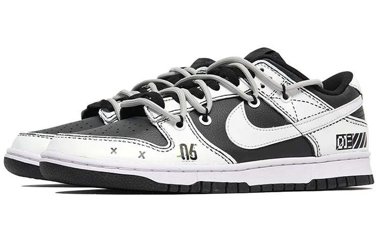 Lookbook 【訂製球鞋】 Nike Dunk Low Retro 次球鞋訂製 像素馬賽克 黑白格 線條 解構鞋帶 低幫 板鞋 男款 黑白色