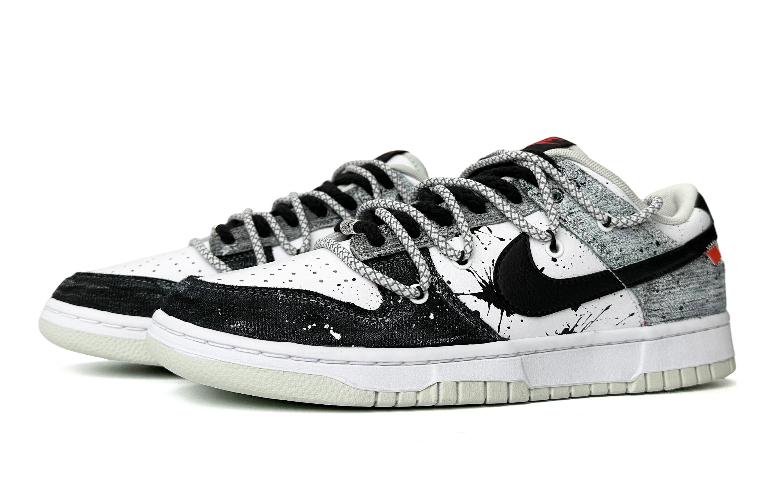 Lookbook 【訂製球鞋】 Nike Dunk Low Retro "Plaid" 影 台灣風 潑墨解構鞋帶 低筒 板鞋 男款 黑白灰