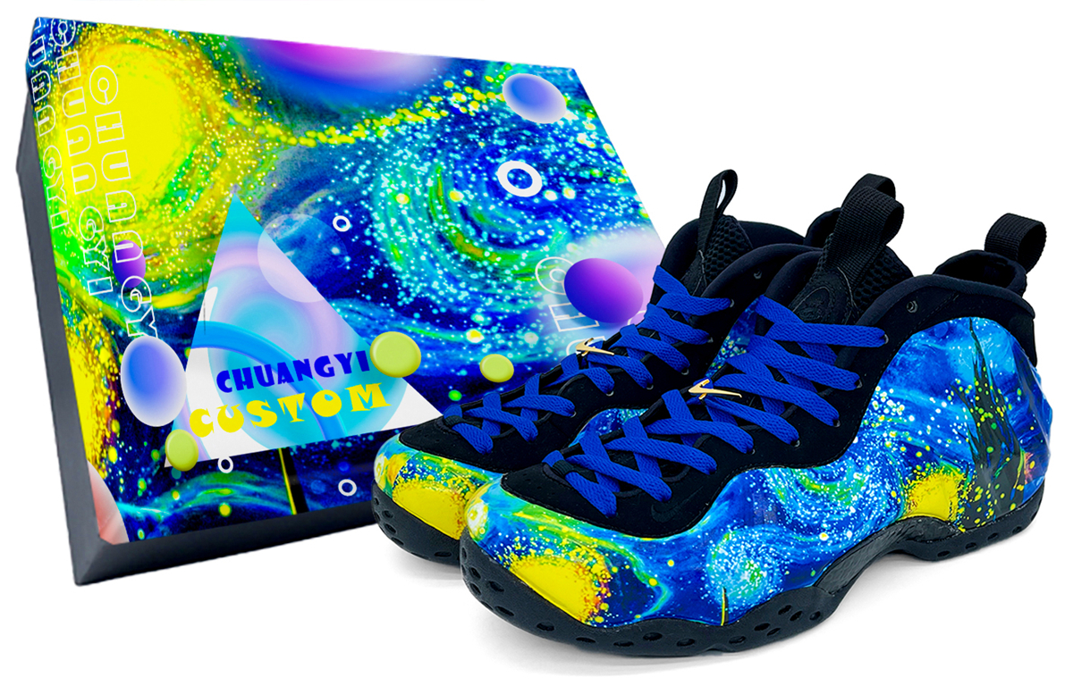 Buy 【定制球鞋】 Nike Foamposite One 梵高 星空 噴泡 中筒 復古籃球鞋 男女同款 黃藍色