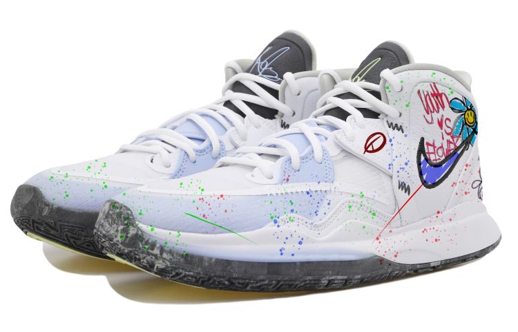 Lookbook 【定制球鞋】 Nike Kyrie 8 infinity 歐文8 潑墨 塗鴉 做舊 手繪 中幫 實戰籃球鞋 男女同款 白冰藍