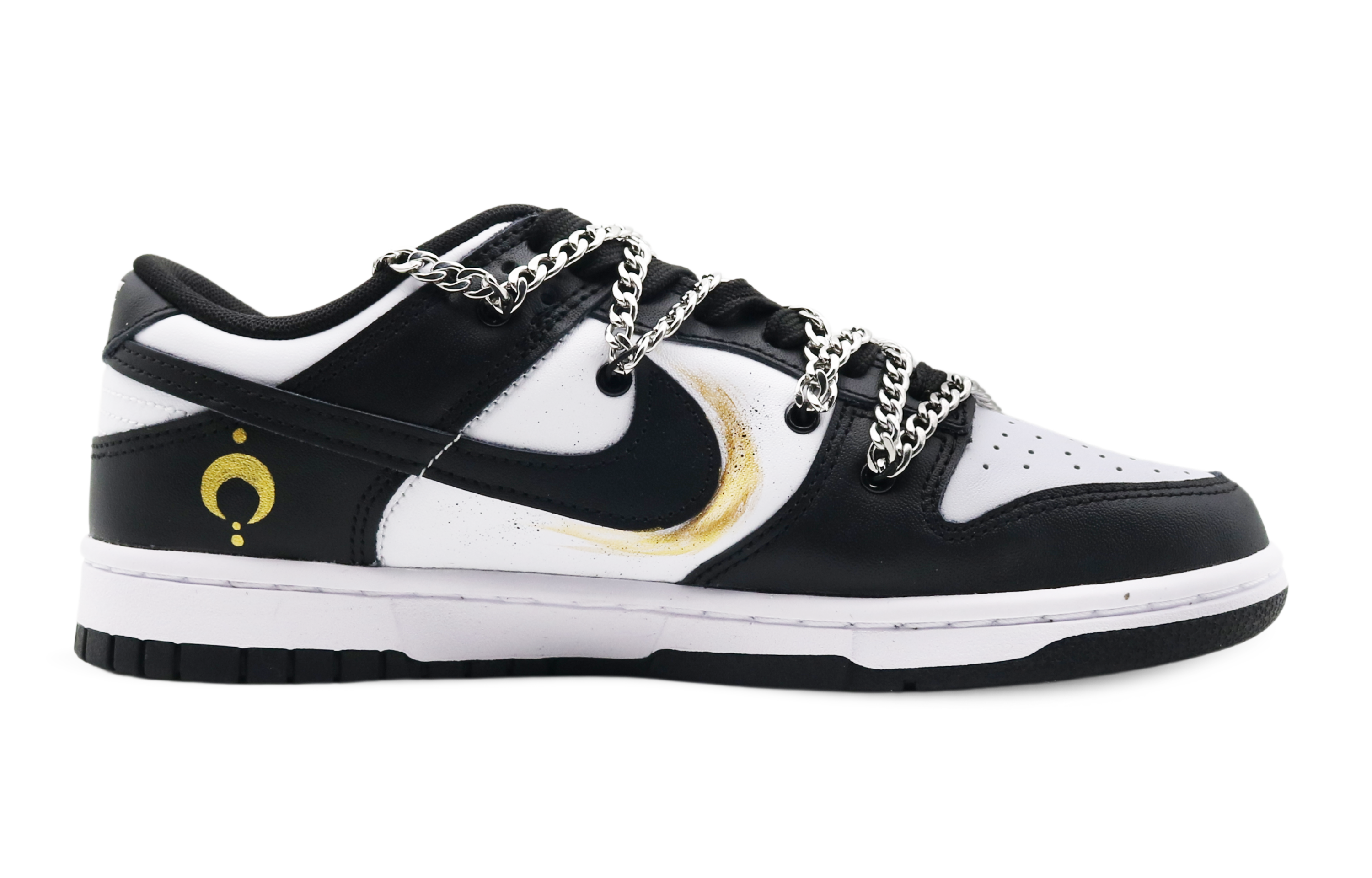 Order 【客製球鞋】 Nike 破曉 鎏金歲月 發財兔 小眾高級 鏈條鞋帶 潑墨 手繪 低幫 板鞋 男款 黑金色