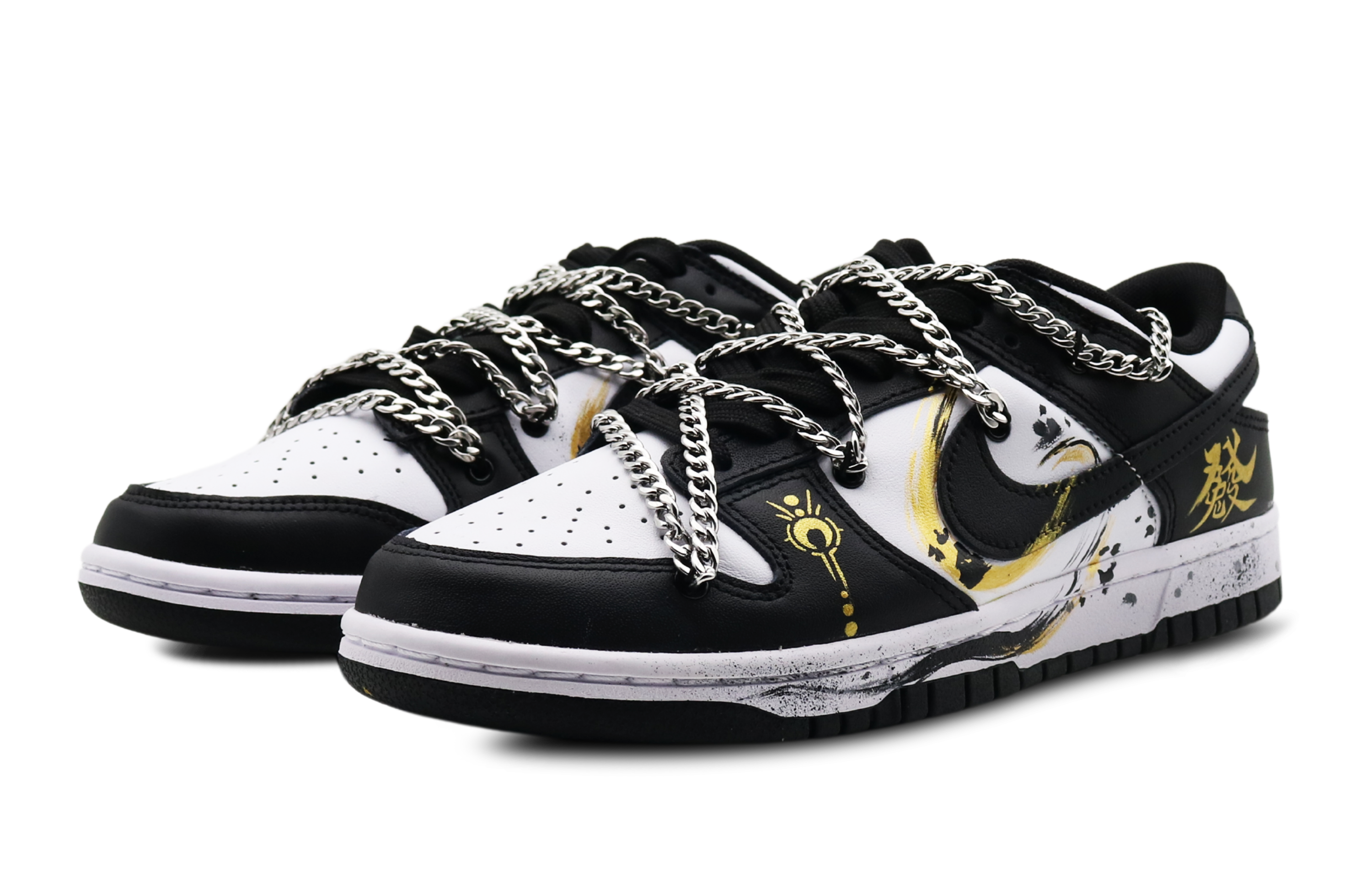 Lookbook 【客製球鞋】 Nike 破曉 鎏金歲月 發財兔 小眾高級 鏈條鞋帶 潑墨 手繪 低幫 板鞋 男款 黑金色