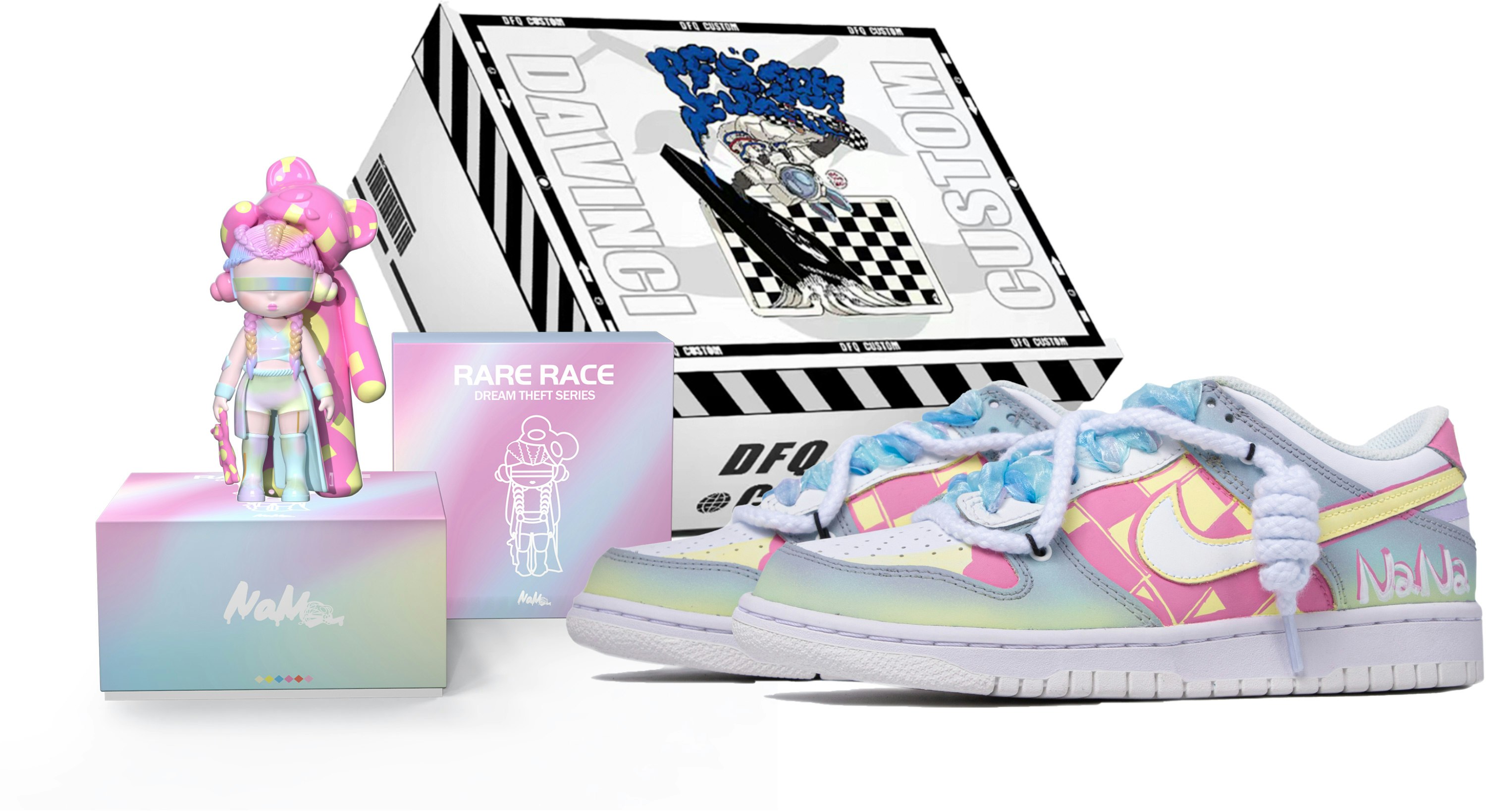 custom-shoes-nike-nana-x-dunk-low-da-vinci-custom-pink-yellow