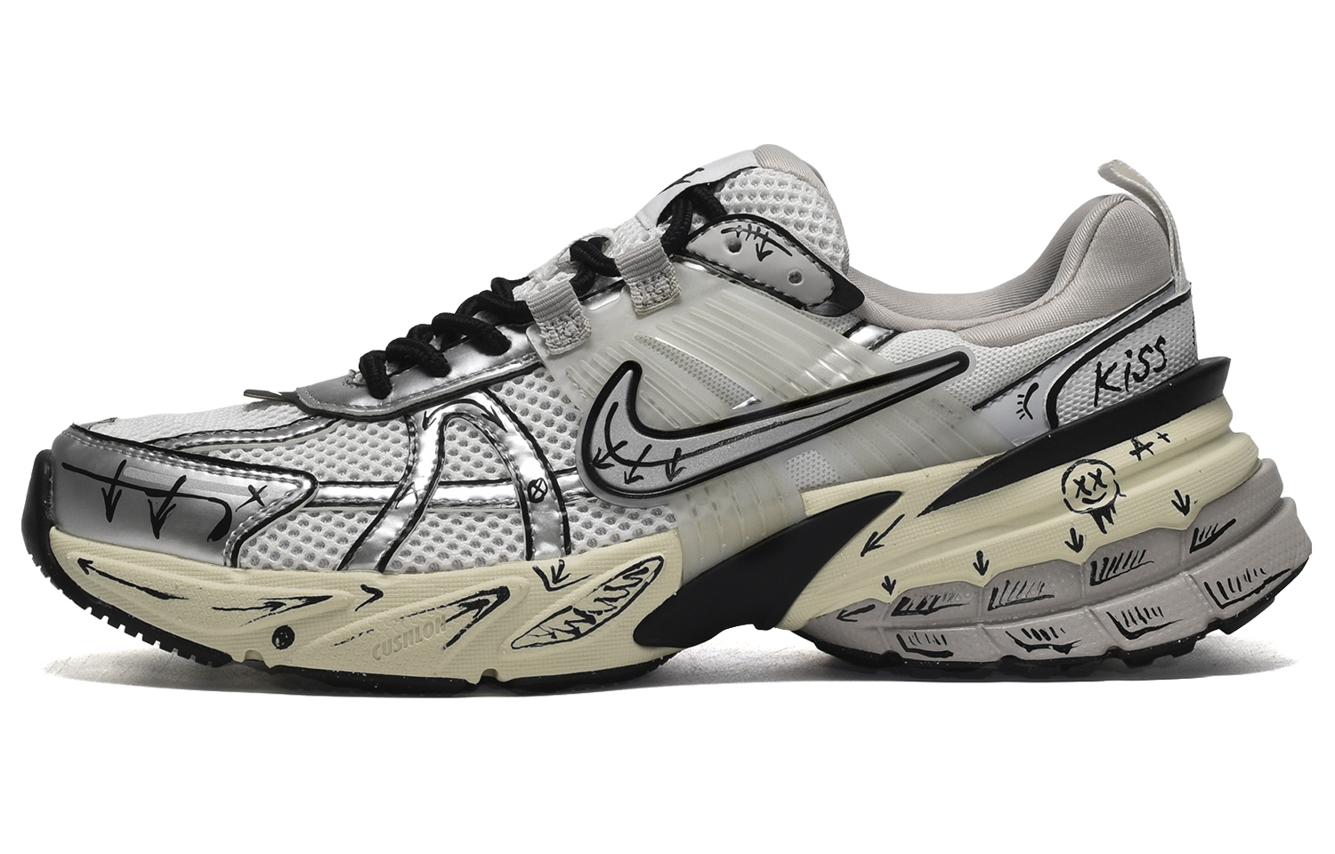 Buy [Kasut Custom] Nike V2K Run 'Anime Smile Hitam-Perak' HJ4497-100(TeamE-男款二次元笑脸黑银)