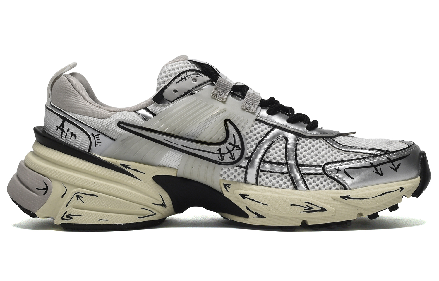 Lookbook [Kasut Custom] Nike V2K Run 'Anime Smile Hitam-Perak' HJ4497-100(TeamE-男款二次元笑脸黑银)