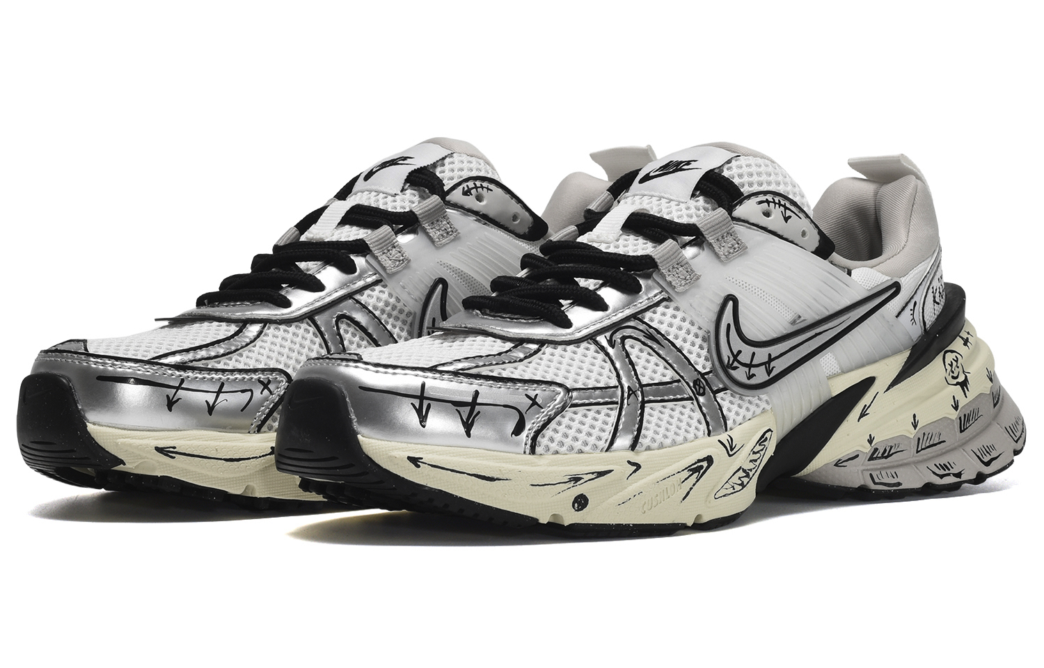 Shop [Kasut Custom] Nike V2K Run 'Anime Smile Hitam-Perak' HJ4497-100(TeamE-男款二次元笑脸黑银)