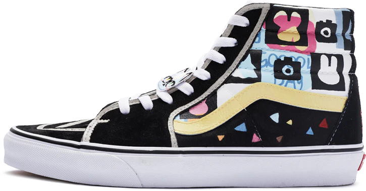 custom-shoes-vans-sk-8-hi-black-white-yellow-party-cartoon-lace-buckle-hand-painted