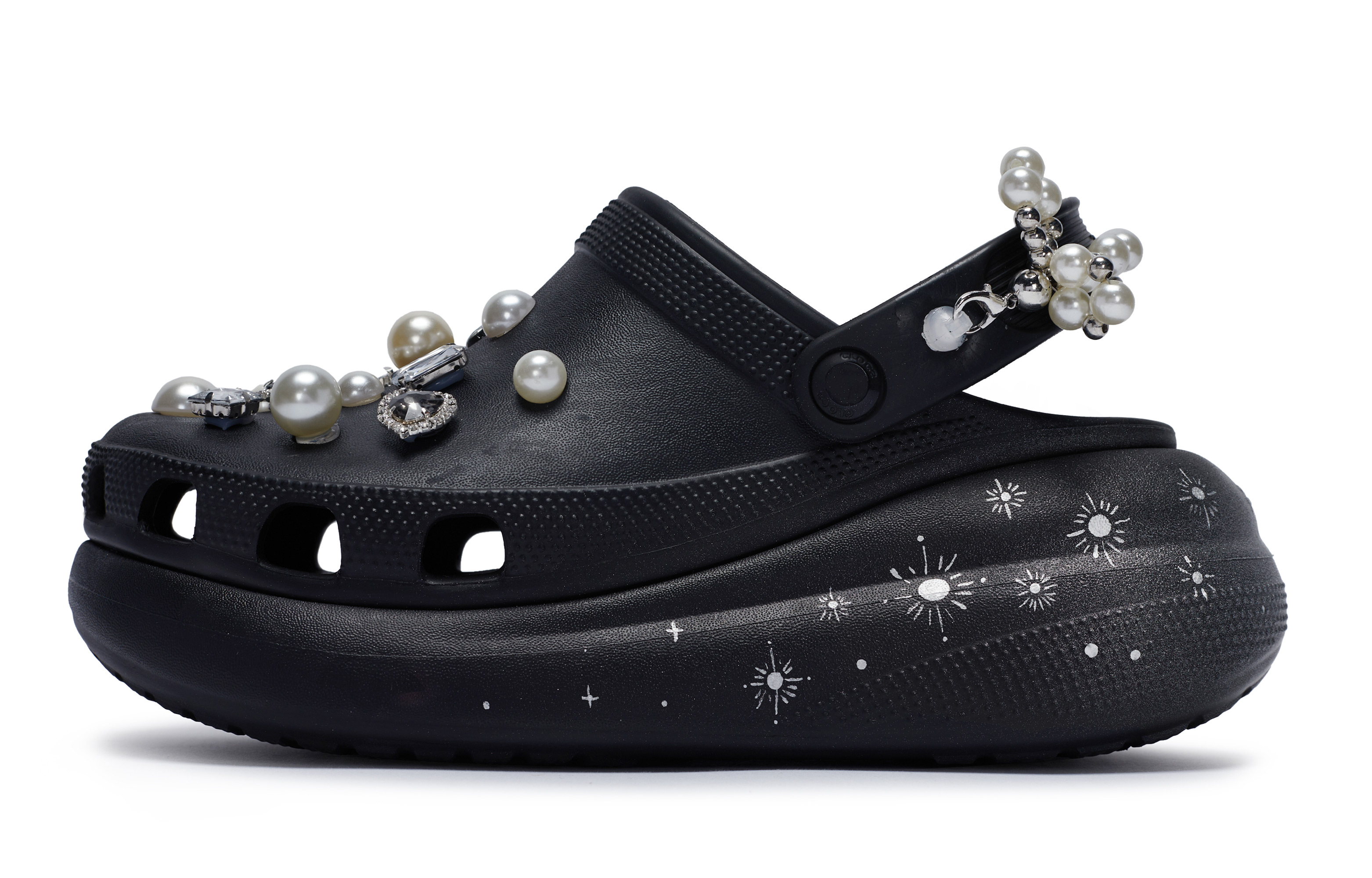 【Custom Shoes】Crocs Classic Crush 811 Lunar Secret Bow Pearl Chain Clogs Black White 207521-001 (Team80- Secret Moonlit Realm)