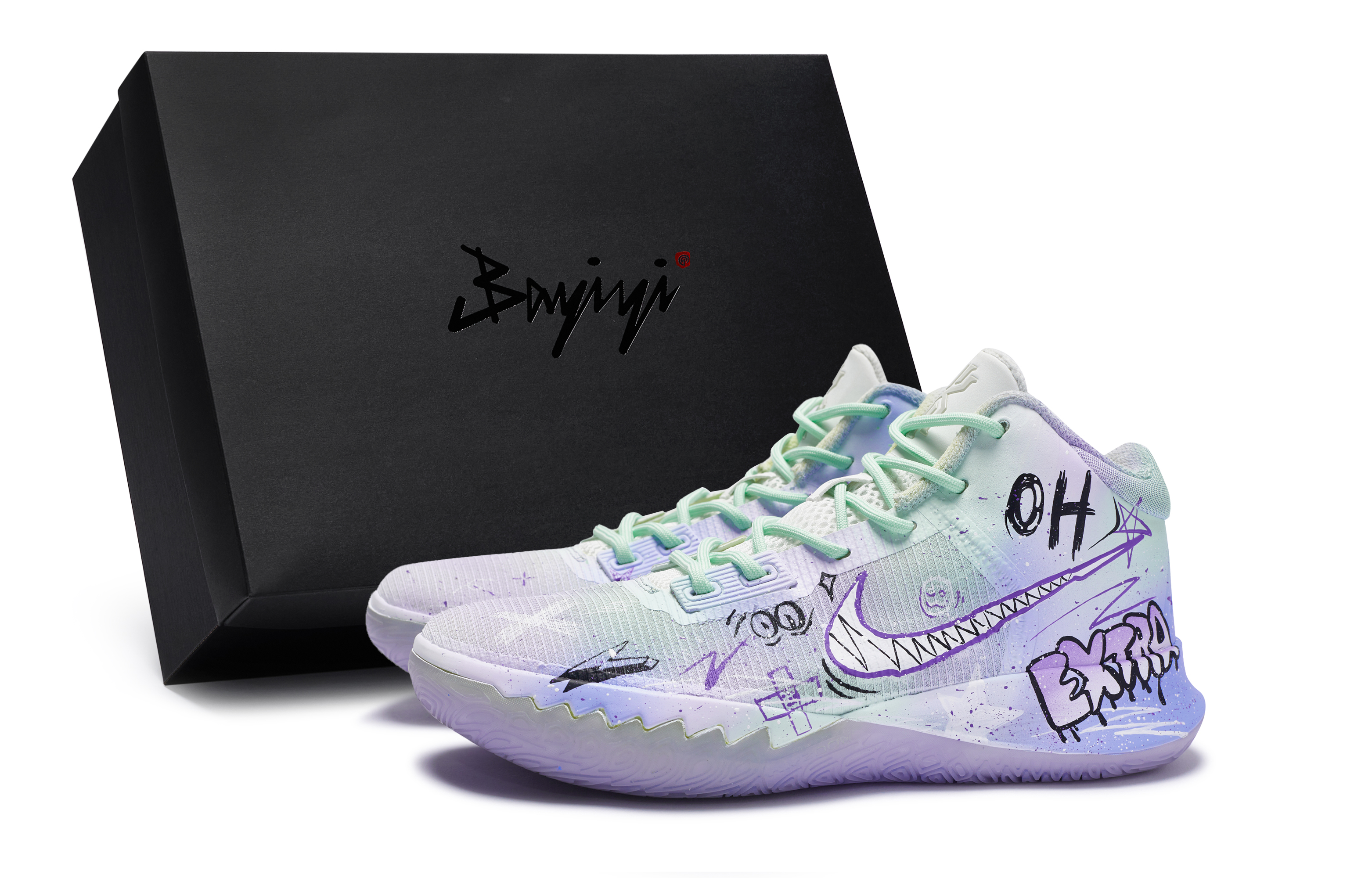 【Custom Sneakers】 Nike Flytrap 4 Summer Friendship Purple Green Mid Basketball Shoes CT1973-101 (Team80 - Men's Summer Friendship Sky S-BOX)