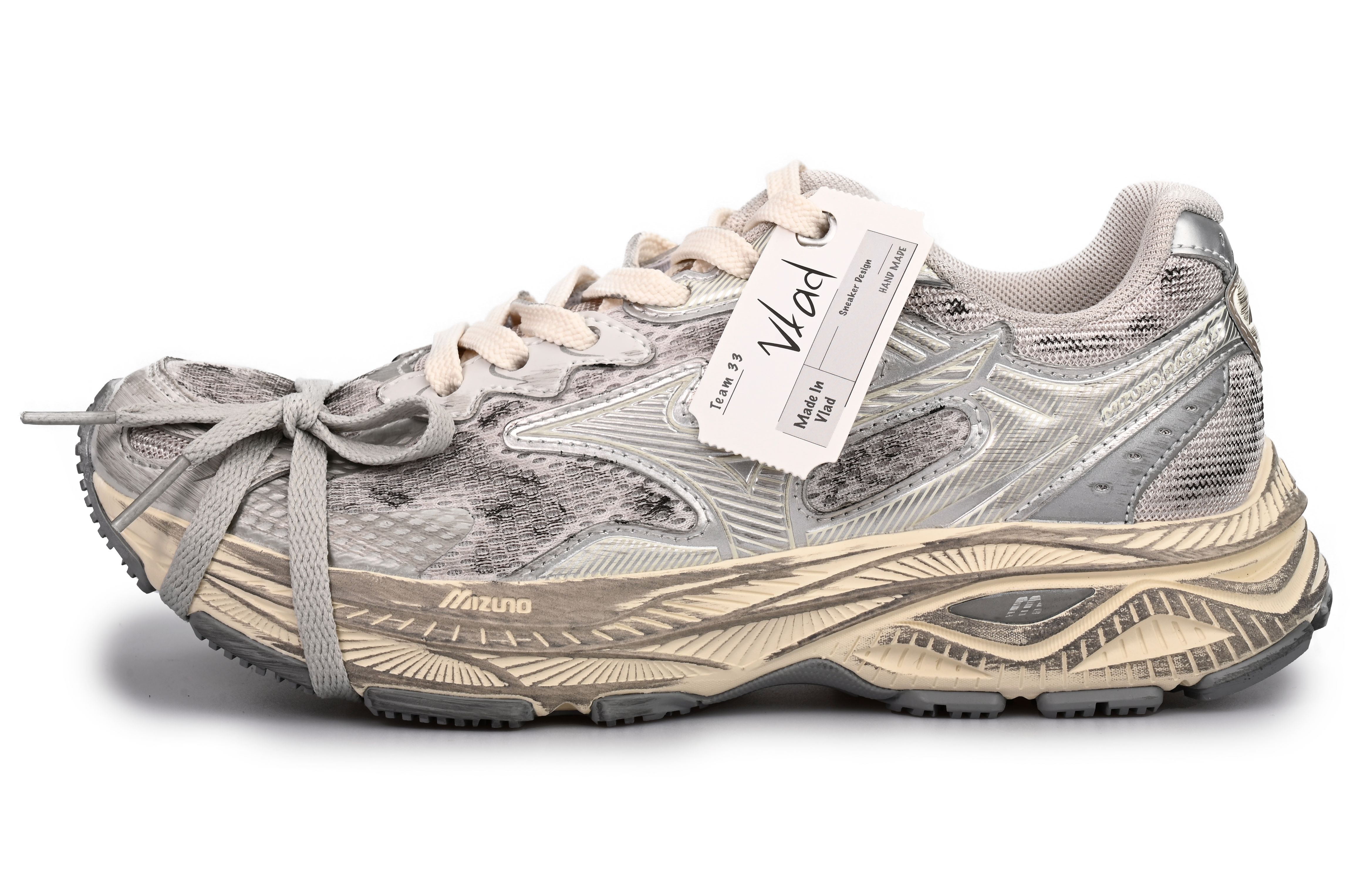 【Custom Sneakers】Mizuno Racer S Retro Distressed Waterproof Casual Running Shoes Silver D1GH223518 (Team33 - Desert Wasteland Model)
