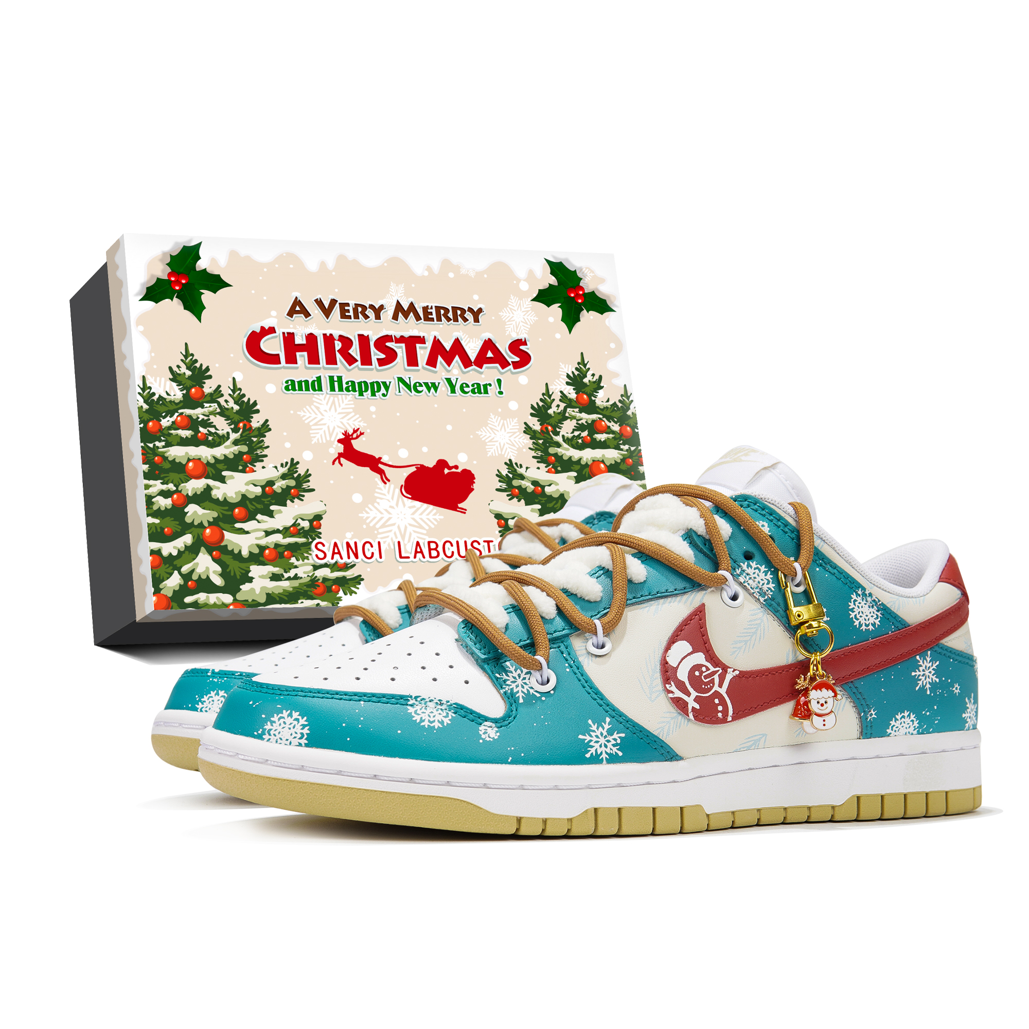 【Custom Sneakers】Nike Dunk Triple Lab Christmas Snowy Snowman Low Green Blue Mens DV0833-100 (Teamp-Snowman Green World S-BOX)