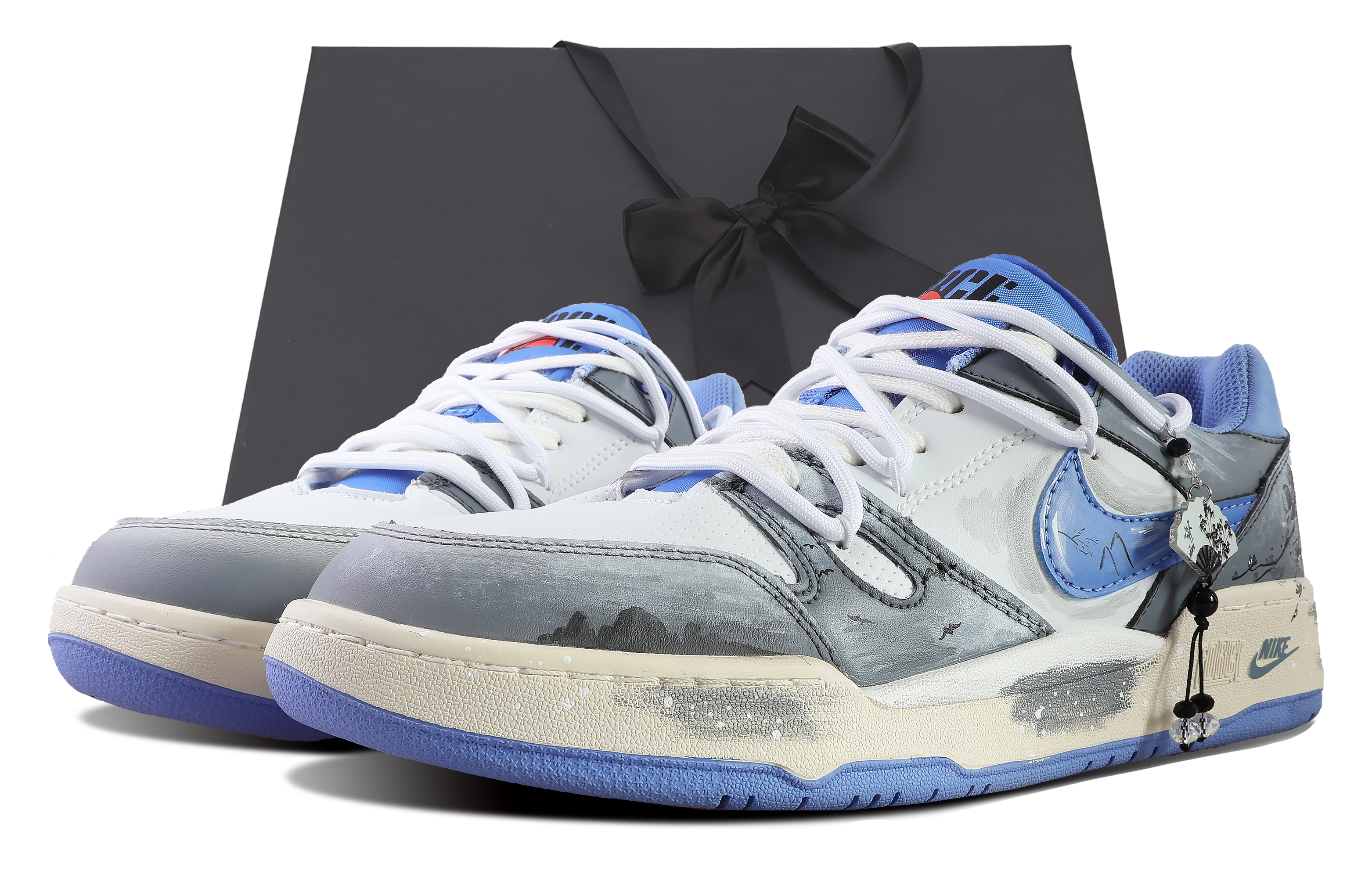 【Custom Sneakers】Nike Full Force - Black, Ink Wash Mountains, Low-Top Lifestyle Shoes FB1362-100 (Team53 Men's Lone Sail Moon Shadow S-BOX)