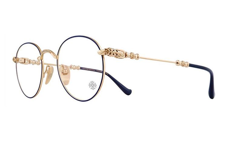 [Customizable Prescription] Chrome Hearts Bubba-A Round Optical Glasses Unisex BUBBA-A-Dark Blue Matte Gold Frame-Dark Blue Temples