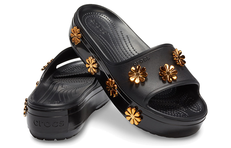 Shop (Infant) Crocs Platform Metallic Blooms Slide 'Black' 205717-001