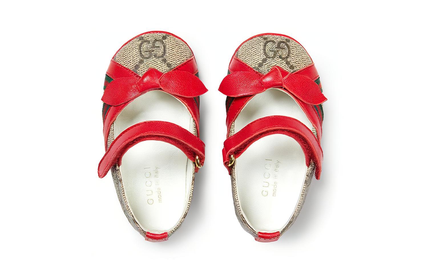 Lookbook 嬰童 GUCCI古馳 帆布 時尚魔術貼 蝴蝶結細節 低筒 學步鞋 紅色