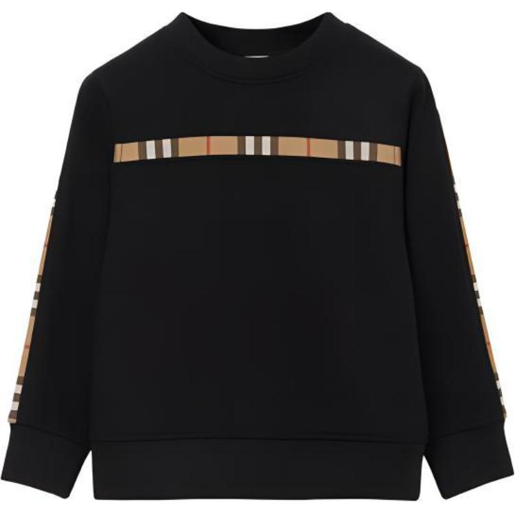 (Pre School) Burberry Kids Black Crewneck Sweatshirt with Checkered Print Long Sleeve. 80684331