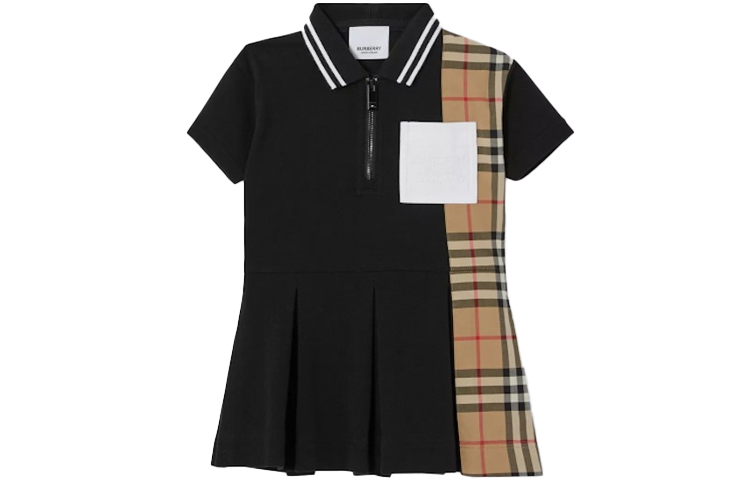 (Pre School) Burberry Kids Black Polo-Style A-Line Dress with Checkered Panels. 80423541