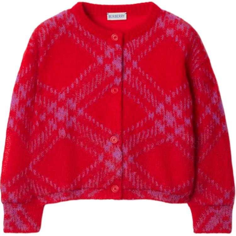 (Pre School) Burberry Kids Red Checkered Crewneck Cardigan Sweater - Long Sleeve 80891761