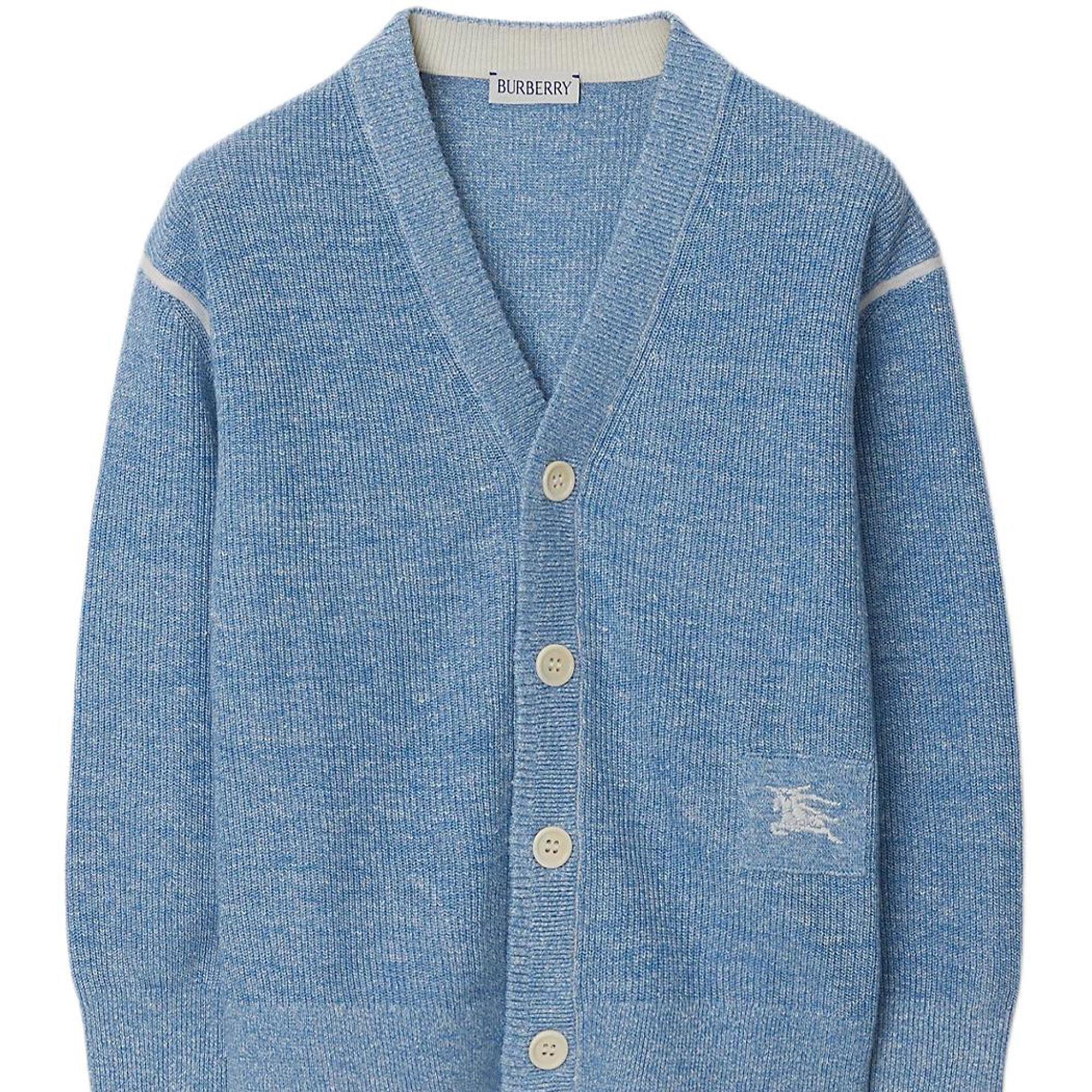 (Pre School) Burberry Kids SS24 Light Blue V-Neck Logo Embroidered Knit Cardigan. 80792971