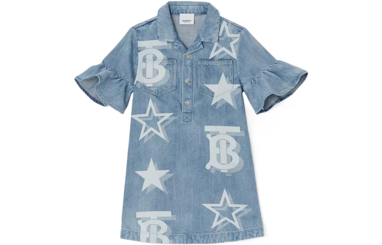 (Pre School) Burberry Kids Star Print Denim Blue Short Sleeve Dress FW22 80612311