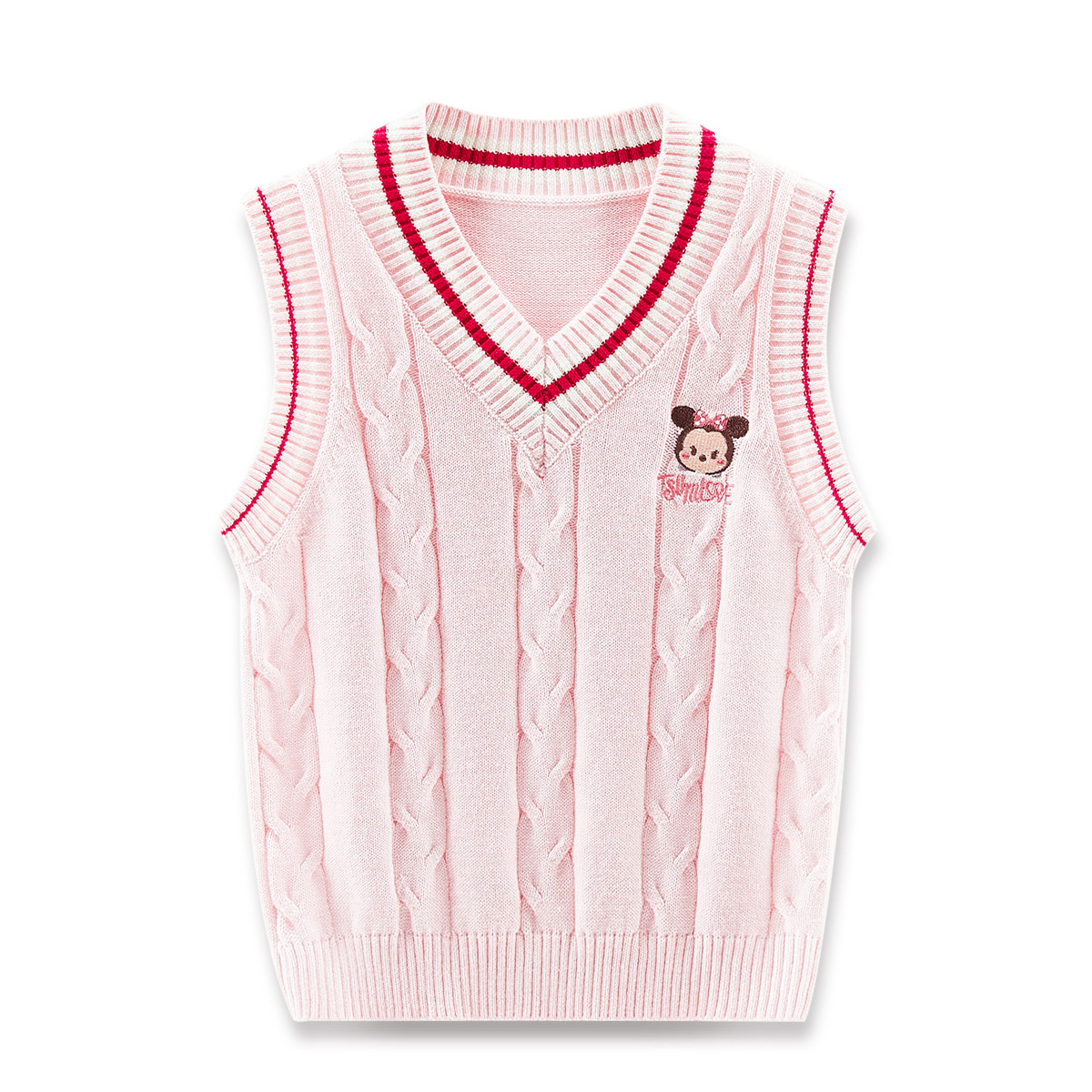 (Pre School) Disney Kids V-Neck Sleeveless Sweater Cartoon Print Color Block - Light Pink KLSS007-1