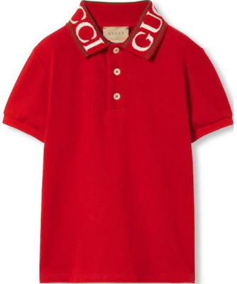 (Pre School) GUCCI Kids Red Polo T-Shirt FW24 with Logo Collar and Button Detail. 573882-XJGND-6300 Buy (Pre School) GUCCI Kids Red Polo T-Shirt FW24 with Logo Collar and Button Detail. 573882-XJGND-6300