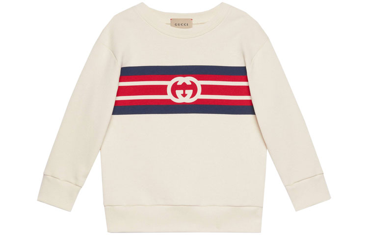 (Pre School) GUCCI SS21 Kids' Interlocking GG Stripe Print Cotton Crewneck Sweatshirt 627964-XJDK7-9074