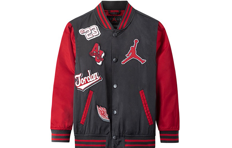 (Pre School) Jordan Kids Black Baseball Jacket with Colorblock Letter Logo Casual Style. JD2112008GS-001