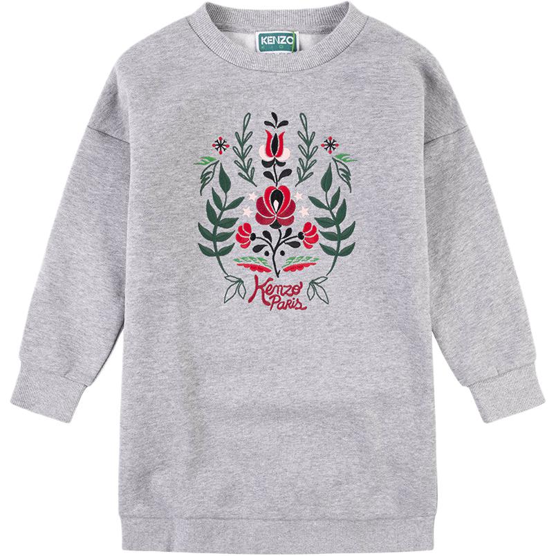 (Pre School) KENZO Kids Floral Embroidered Crewneck Long Sleeve Dress Gray (Children) LD6K12355D03-94