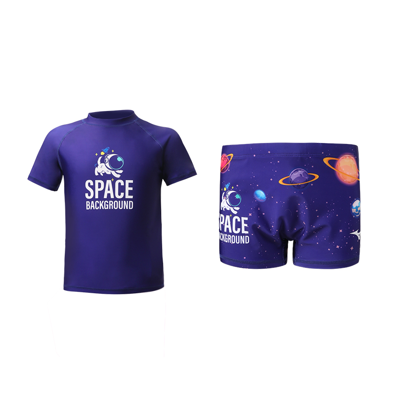 (Pre School) Mizuno Kids Cartoon Graphic Swimsuit Set - Blue Short Sleeve Top & Shorts. N2CG1408