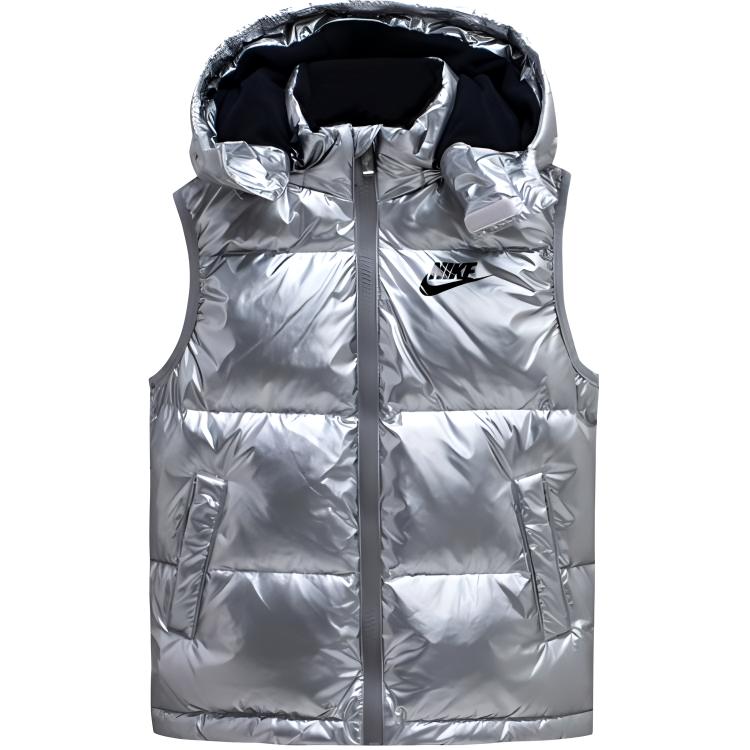 (Pre School) Nike Kids' Silver Gray Hooded Puffer Vest with Letter Print. DZ9727-048