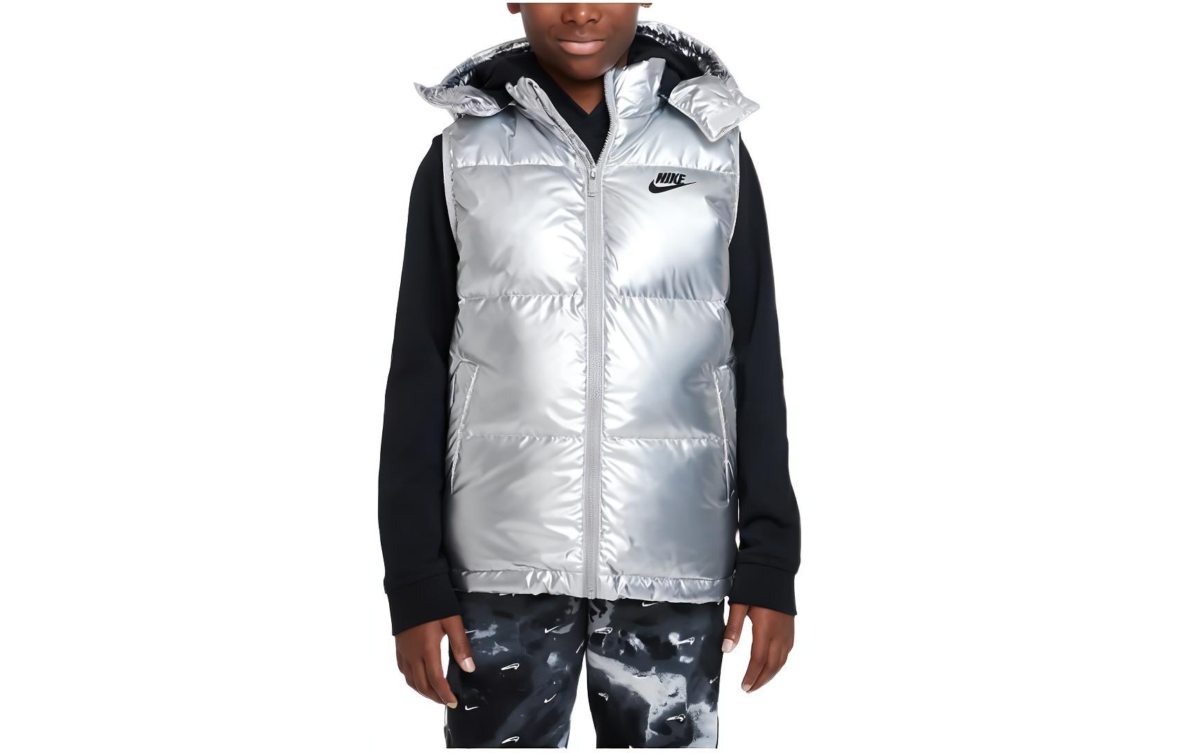 (Pre School) Nike Kids' Silver Puffer Vest with Logo, Hood, Velcro & Zipper Closure. DZ9728-048