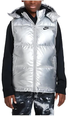 (Pre School) Nike Kids' Silver Puffer Vest with Logo, Hood, Velcro & Zipper Closure. DZ9728-048 Buy (Pre School) Nike Kids' Silver Puffer Vest with Logo, Hood, Velcro & Zipper Closure. DZ9728-048