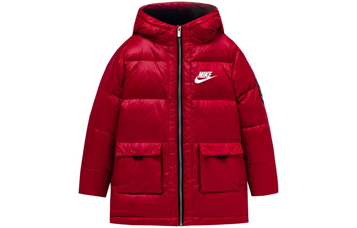 (Pre School) Nike Kids Red Mid-Length Down Jacket with Small Logo Print and Fleece Lining NY2142013GS-001