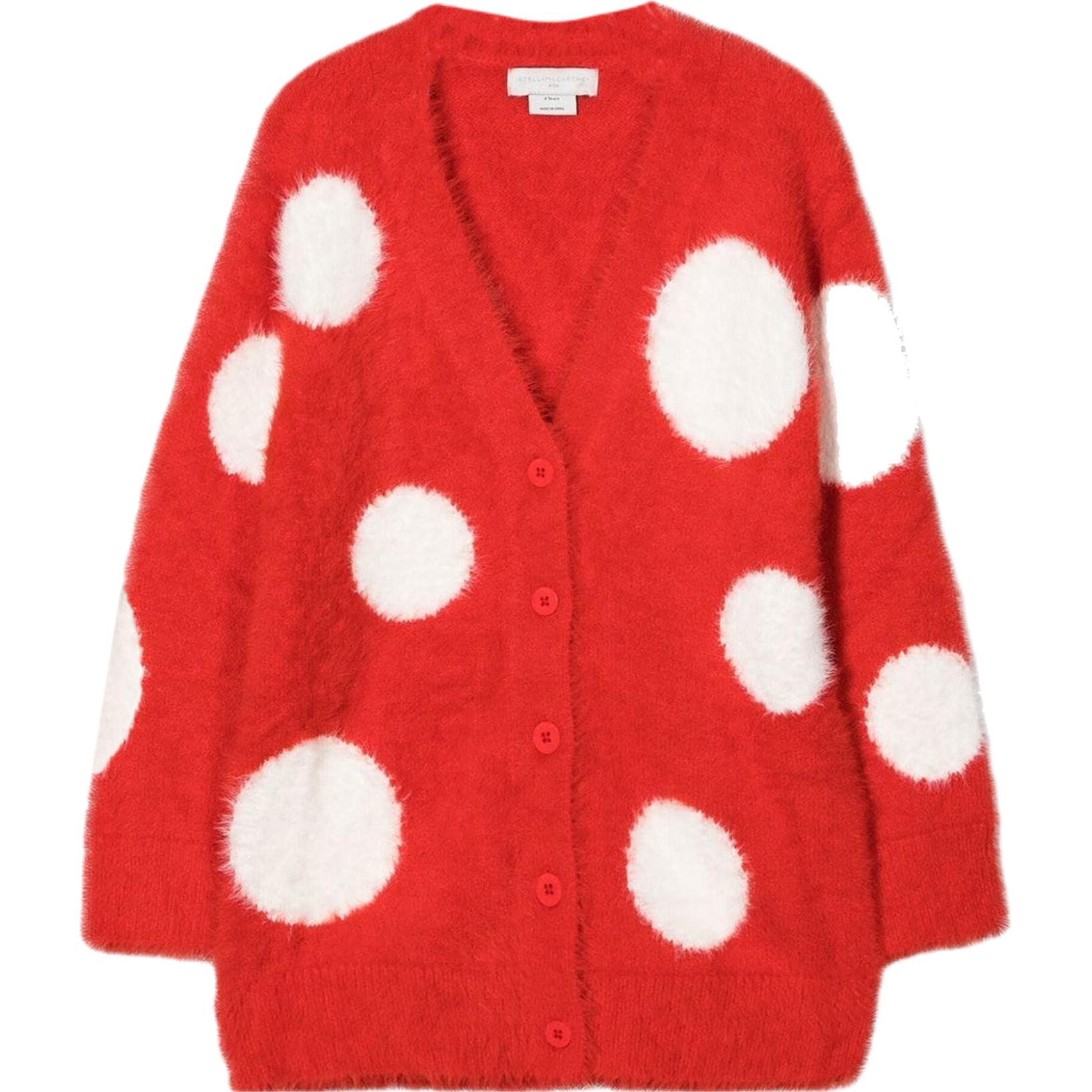 (Pre School) Stella McCartney Kids Red Polka Dot V-Neck Knit Sweater SS23 Long Sleeve. 8R9B80Z0791409