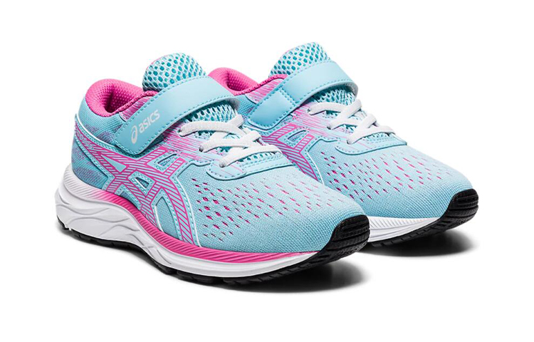 Lookbook 亞瑟士 Pre Excite 7 魔術貼 透氣耐磨防滑 低幫跑步鞋 中童 藍粉